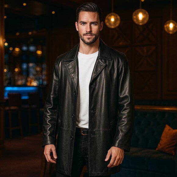 VINTAGE Perry Ellis Portfolio XL Black Leather Coat VTG🧥🍂 FallStaple - Picture 1 of 16